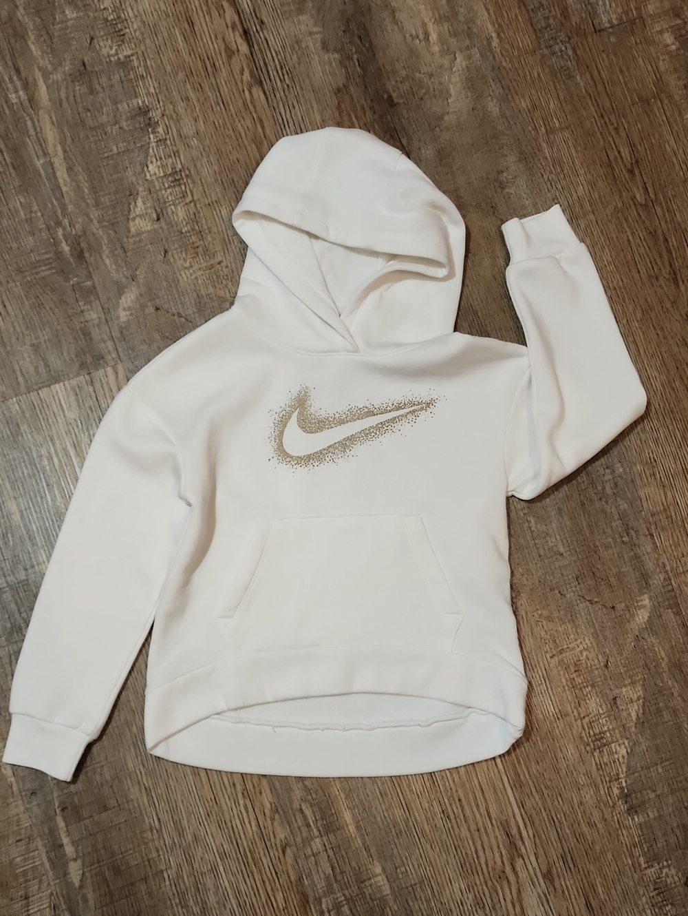 Nike Kids White Hoodie with Gold Glitter Swoosh
